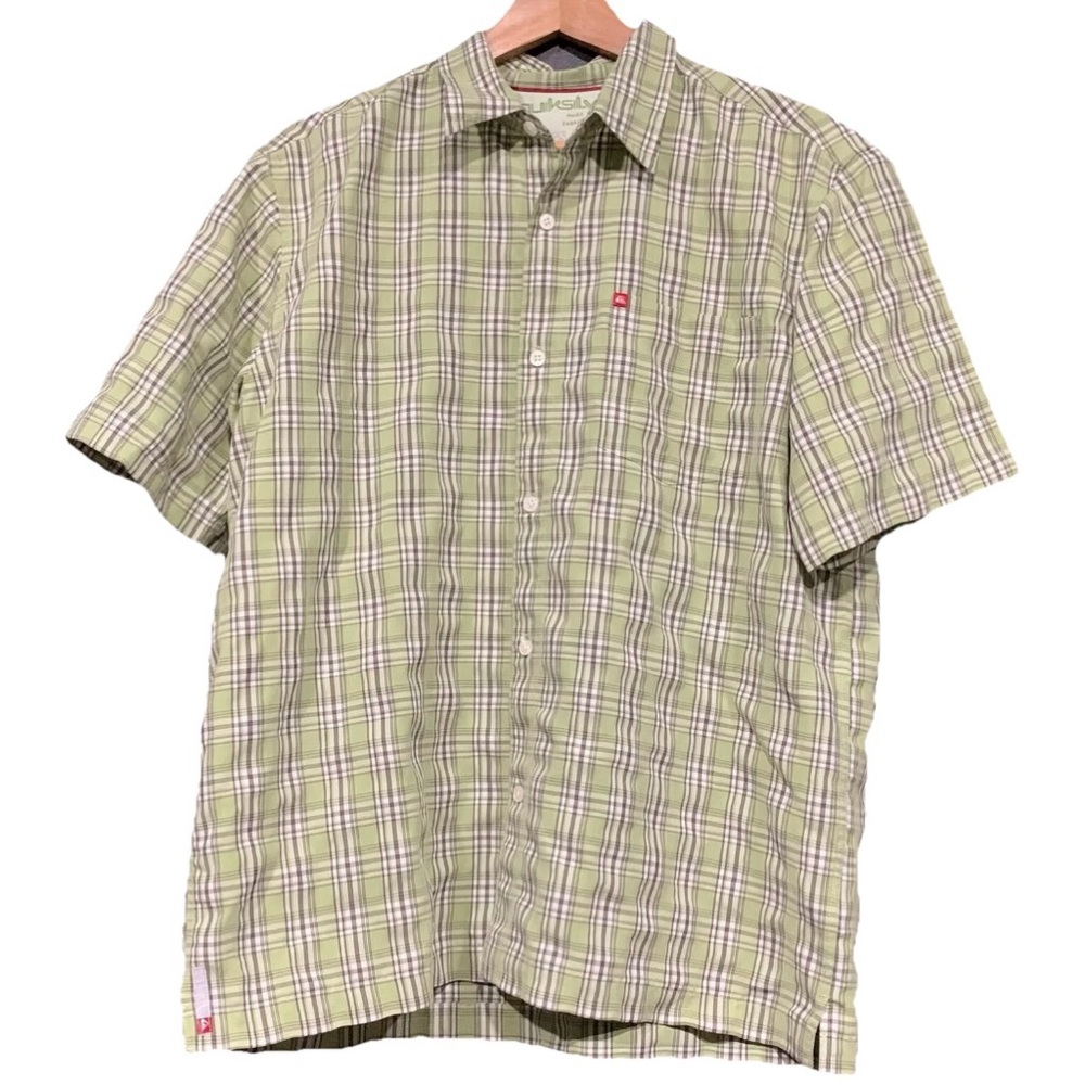 Quiksilver Shirt Mens Large Green Plaid Short Sleeve Button Up Collared